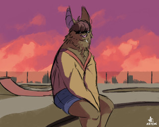 ambiguous_gender anthro bangs bottomwear candy cheek_tuft chest_tuft clothed clothing denim denim_bottomwear denim_clothing denim_shorts dessert facial_tuft food fully_clothed hair lollipop looking_at_viewer neck_tuft outside shorts sitting skate_park solo sunset tuft artemi bat mammal 5:4 absurd_res hi_res