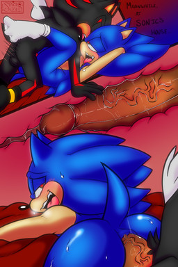 anal anal_fluids anal_penetration anthro anus backsack balls bedroom_eyes biped black_body black_fur blue_body blush bodily_fluids butt clothing doggystyle erection eyes_closed feet fluffy fluffy_chest footwear from_behind_position from_front_position fur genital_fluids genitals green_eyes half-closed_eyes hands_behind_head heart_eyes heart_symbol humanoid_genitalia humanoid_penis legs_up looking_back looking_pleasured lying male male/male male_penetrated male_penetrating male_penetrating_male missionary_position narrowed_eyes nude on_back open_mouth penetration penile penile_penetration penis penis_in_ass rear_view saliva saliva_on_tongue saliva_string seductive sex simple_background socks spread_toes sweat sweatdrop tail text toes tongue tongue_out vein veiny_penis white_body white_fur spicesized sega sonic_the_hedgehog_(series) shadow_the_hedgehog sonic_the_hedgehog eulipotyphlan hedgehog mammal 2:3 digital_drawing_(artwork) digital_media_(artwork) english_text hi_res