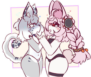 anthro big_butt blue_hair blush bodily_fluids butt clothing duo female female/female flat_chested fur grey_body grey_fur hair kissing lingerie pink_hair saliva saliva_string thick_thighs white_body white_fur white_hair young young_anthro young_female kuki_lupi_kun mihoyo zenless_zone_zero konnie zhao felid lagomorph leporid mammal pantherine rabbit