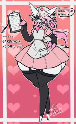 big_butt bottom_heavy butt claws clothed clothing crossdressing dress eyeshadow hair huge_butt huge_hips long_hair makeup male nurse_clothing nurse_uniform pink_clothing pink_dress smile uniform wide_hips alicard nintendo pokemon gardevoir generation_3_pokemon pokemon_(species) absurd_res hi_res