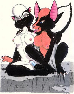 3_toes 4_toes anthro bat_wings bite_mark blood bodily_fluids breasts claws dildo duo ear_piercing fangs feet female female/female genitals holding_dildo holding_object holding_sex_toy membrane_(anatomy) membranous_wings nipple_piercing nipples nude penetration piercing sex sex_toy sitting soles spread_toes tail teeth toes toying_partner vaginal vulva winged_arms wings james_m_hardiman onyx_(jmh) yvonne_(jmh) bat mammal mephitid skunk low_res