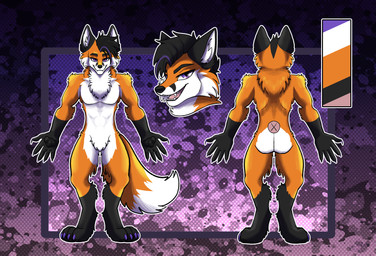 5_fingers anthro black_body black_fur black_hair black_pawpads chest_tuft claws feet fingers fur hair highlights_(coloring) hindpaw male orange_body orange_fur pawpads paws purple_claws purple_eyes purple_hair purple_highlights solo standing tuft white_body white_fur cheekysonas skyler_(skylervulpine) canid canine fox mammal red_fox true_fox absurd_res hi_res model_sheet