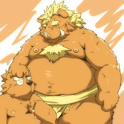anthro belly brown_body brown_fur duo eyes_closed fur humanoid_hands kemono male moobs nipples overweight overweight_male sumo suishou0602 bear mammal suid suine sus_(pig) wild_boar 1:1 2015