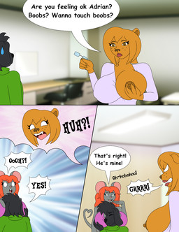age_difference angry anthro big_breasts bodily_fluids breasts brown_eyes clothed clothing cupping_breasts dialogue eyewear face_in_breasts failed failed_attempt female flashing flashing_breasts flirting gesture glasses group growling holding_breast huge_breasts laugh librarian looking_at_another male mature_female nipples office rejection stare sweat sweatdrop sweater tail tail_gesture tail_heart teacher text topwear trio foxtide888 boobs?_wanna_touch_boobs? adrian_alexander amanda_(mattythemouse) hazel_weiss canid canine canis cougar domestic_dog felid feline lion mammal mouse murid murine pantherine rodent comic english_text hi_res meme