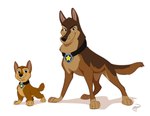 2021 aged_up black_nose brown_body brown_eyes brown_fur canid canine canis chase_(paw_patrol) child collar digital_media_(artwork) domestic_dog duo feral fur german_shepherd herding_dog hi_res krossan_(artist) looking_at_viewer male mammal nickelodeon pastoral_dog paw_patrol paws quadruped shadow signature simple_background solo star white_background young young_feral