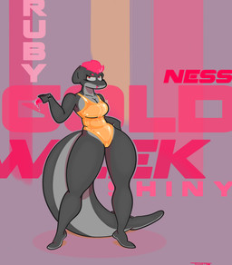 anthro bikini breasts camel_toe cleavage clothed clothing female fin food glistening glistening_clothing gold_bikini gold_swimwear golden_clothing hair mohawk muscular muscular_female muscular_legs one-piece_swimsuit piercing pink_hair popsicle red_eyes solo swimwear tail thick_tail two-piece_swimsuit wide_hips tostilynx ness_(tostilynx) aquatic cetacean dolphin mammal toothed_whale hi_res