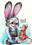 anthro belt blue_background brown_body brown_fur buckteeth cape clothed clothing duo eye_contact female fur grey_body grey_fur holding_character looking_at_another open_mouth open_smile police police_uniform purple_eyes simple_background smile teeth uniform penmark disney don_bluth the_secret_of_nimh zootopia judy_hopps mrs._brisby lagomorph leporid mammal mouse murid murine rabbit rodent 2016 hi_res