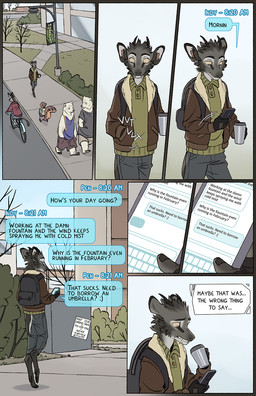 ambiguous_gender anthro barefoot biped brown_eyes building cellphone clothed clothed_anthro clothing container cup cycling electronics emoticon feet fur grey_body grey_fur group head_tuft holding_cellphone holding_container holding_cup holding_object holding_phone holding_smartphone looking_at_cellphone looking_at_object looking_at_phone male message_box phone plant pointy_ears prick_ears sidewalk smartphone snout solo_focus street street_lamp text text_message texting texting_ui tree tuft tusks walking yellow_sclera falco_works background_character pen_(falco_works) bear cervine deer mammal polar_bear rodent sciurid tree_squirrel tufted_deer ursine 2024 comic digital_media_(artwork) english_text hi_res