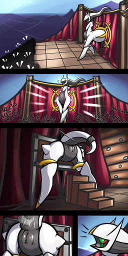anus clitoris collar crowd curtains dialogue disembodied_hand female female_feral feral genitals group quadruped raised_tail rear_view red_curtains restrained restrained_legs restraints spread_legs spreading stage stage_curtains stocks stuck tail text through_wall vulva jellli nintendo pokemon arceus generation_4_pokemon legendary_pokemon pokemon_(species) 1:2 2023 absurd_res comic english_text hi_res shaded