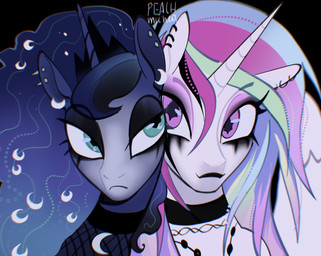 alternative_fashion black_clothing black_eyeshadow blue_body blue_hair bodypaint clothed clothed_feral clothing crown duo eyelashes eyeshadow face_paint feathered_wings feathers female feral fur goth gradient_hair green_hair hair headgear horn makeup multicolored_hair pupils running_makeup scene_(fashion) simple_background smile symbol-shaped_pupils text topwear trad_goth unusual_pupils white_body white_face white_face_paint wings peachmichea friendship_is_magic hasbro my_little_pony my_little_pony:_magic_princess mythology princess_celestia_(mlp) princess_luna_(mlp) rockin'_princess_celestia rockin'_princess_luna equid equine mammal mythological_creature mythological_equine unicorn winged_unicorn digital_media_(artwork) english_text hi_res sibling_(lore) sister_(lore) sisters_(lore)