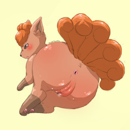 anus blush brown_body brown_fur female feral fur genitals looking_at_viewer looking_back lying multi_tail orange_body orange_fur paws simple_background solo surprised tail vulva velvet_glyph nintendo pokemon generation_1_pokemon pokemon_(species) vulpix 1:1