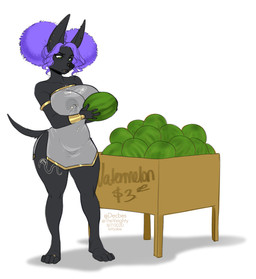 anthro black_nose blue_eyes clothed clothing ear_piercing eyebrows eyelashes facial_piercing female food fruit hair lip_piercing lip_ring melon navel navel_piercing nipple_piercing nipples piercing plant purple_hair ring_piercing solo standing watermelon kittydee canid canine canis domestic_dog mammal 2020 digital_media_(artwork) hi_res