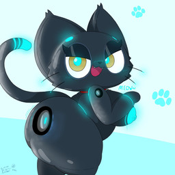 anthro big_breasts big_butt biped black_body black_fur black_nose black_tail blue_body blue_tail bodily_fluids breasts butt collar female fur half-closed_eyes looking_at_viewer machine narrowed_eyes open_mouth paws seductive simple_background solo tail text yellow_eyes buttonskittycat hi-fi_rush microsoft tango_gameworks 808_(hi-fi_rush) domestic_cat felid feline felis mammal robot 1:1 2026 digital_media_(artwork) english_text hi_res signature
