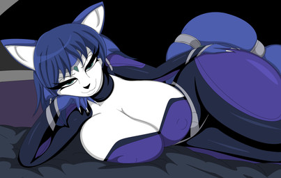 accessory anthro bed bedroom_eyes big_breasts black_nose blue_body blue_ears blue_fur blue_hair blue_tail bodysuit breasts cheek_tuft claws clothing facial_tuft female female_anthro female_on_side fur furgonomics furniture green_eyes hair huge_breasts jewelry looking_at_viewer lying multicolored_body multicolored_ears multicolored_fur narrowed_eyes nipples on_side pose seductive silver_(metal) silver_jewelry skinsuit smile smiling_at_viewer solo spacesuit tail tail_accessory tailband thick_thighs tight_clothing tribal tribal_jewelry tuft white_body white_fur white_inner_ear cbear624 nintendo star_fox krystal_(star_fox) canid canine cerinian fox mammal 2026 absurd_res digital_drawing_(artwork) digital_media_(artwork) hi_res pinup
