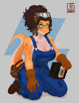 anthro big_breasts blush breasts brown_hair clothed clothed_anthro clothed_female clothing eyewear female fingers front_view furgonomics geometric_background glasses gloves grease_stains green_eyes hair handwear holding_object humanoid_hands logo long_hair looking_at_viewer mechanic multicolored_body neutral non-mammal_breasts orange_body overalls pose scar simple_background sitting solo tail tan_body text toolbox two_tone_body welding_goggles garavakarian sarah_(ollie_sketchess) dinosaur prehistoric_species reptile saurischian scalie theropod tyrannosaurid tyrannosauroid tyrannosaurus tyrannosaurus_rex absurd_res artist_logo artist_name full-length_portrait hi_res portrait