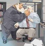 anthro blush bottomwear clothing detailed_background duo eyes_closed eyewear glasses inside kemono kissing male male/male necktie overweight overweight_male pants shirt sitting topwear garouzuki bear felid mammal pantherine polar_bear tiger ursine 2024 hi_res