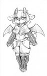 ambiguous_gender armwear cloak clothing elbow_gloves exposed_hips fluffy_chest fluffy_hips gloves handwear horn looking_at_viewer male membrane_(anatomy) membranous_wings midriff open_mouth simple_background solo thong_straps white_background wings blasticussaturn demon 2024 absurd_res hi_res monochrome traditional_media_(artwork)