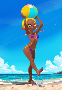 ball beach beach_ball bikini breasts clothing dark_body dark_skin eyebrows eyelashes feet female holding_ball holding_beach_ball holding_object humanoid_pointy_ears inflatable navel pointy_ears pseudo_hair purple_bikini purple_clothing purple_swimwear side-tie_bikini solo string_bikini swimwear tentacle_hair tentacles two-piece_swimsuit yellow_eyes tanukichikushin nintendo splatoon frye_(splatoon) animal_humanoid aquatic cephalopod humanoid inkling mollusk mollusk_humanoid 2026
