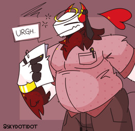 2_horns 4_fingers accessory anthro biped black_necktie bottomwear bracelet brown_bottomwear brown_clothing clothed clothed_anthro clothed_male clothing drawstring_bottomwear emanata eyes_closed fingers flesh_fang front_view frustration_cloud fully_clothed fully_clothed_anthro fully_clothed_male fur furgonomics halo head_horn holding_object holding_paper horn horn_accessory jewelry male mouth_closed neck_tuft necktie overweight overweight_anthro overweight_male paper pink_clothing pink_shirt pink_topwear pockets pose red_body red_fur shirt snout solo spade_tail speech_bubble tail text topwear tuft white_body skykdotidot karma_(skykdotidot) unknown_species 2024 digital_drawing_(artwork) digital_media_(artwork) english_text hi_res portrait three-quarter_portrait