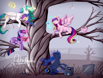 banana book computer electronics female feral food fruit gem group horn magic outside plant tree wings ochideyiku friendship_is_magic hasbro my_little_pony mythology princess_cadance_(mlp) princess_celestia_(mlp) princess_luna_(mlp) twilight_sparkle_(mlp) equid equine mammal mythological_creature mythological_equine winged_unicorn sibling_(lore) sister_(lore) sisters_(lore)