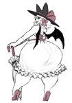 anthro bat_wings big_butt bottom_heavy bow_ribbon butt butt_focus clothed clothing dress eyeshadow female footwear grin hair hat hat_ribbon headgear headwear high_heels holding_parasol huge_butt huge_hips hyper hyper_butt hyper_hips makeup membrane_(anatomy) membranous_wings open_mouth panty_lines parasol rear_view red_eyes sharp_teeth shoes short_hair small_wings smile solo teeth wide_hips wings itzjaylock bat mammal hi_res
