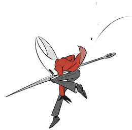 2_horns ambiguous_gender biped black_body black_eyes bottomwear clothed clothing empty_eyes fingers footwear holding_melee_weapon holding_object holding_weapon horn melee_weapon motion_lines pants red_clothing shoes simple_background solo weapon white_background du_dang hollow_knight_(franchise) team_cherry hornet_(hollow_knight) arthropod 2019 female_(lore)