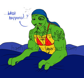abs anthro athletic bed body_writing bra clothing furniture humor hungover marker markings muscular muscular_anthro on_bed red_clothing red_underwear solo text underwear writing_on_chest hashiree_(artist) teenage_mutant_ninja_turtles leonardo_(tmnt) reptile scalie turtle english_text