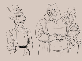 4_fingers ambiguous_clothing anthro antlers blouse bob_cut cardigan clock clothing duo ear_piercing eyeliner female female/female fingers fluffy_ears frowning_at_viewer heart_locket horn lipstick makeup piercing smile suit_jacket topwear watch donutfloats deltarune undertale_(series) carol_holiday toriel bovid caprine deer goat mammal new_world_deer reindeer hi_res monochrome sketch