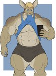 abs anthro biceps big_bulge big_muscles biped black_bottomwear black_clothing black_shorts blonde_hair blue_clothing blue_eyes blue_shirt blue_tank_top blue_topwear bottomwear brown_body brown_fur bulge cellphone claws clothed clothing clothing_lift deltoids electronics finger_claws forearm_muscles fur hair holding_cellphone holding_object holding_phone holding_smartphone huge_muscles male multicolored_body multicolored_fur muscular muscular_anthro muscular_arms muscular_male muscular_thighs navel obliques pecs phone quads selfie shirt shirt_in_mouth shirt_lift shorts simple_background smartphone solo tan_body tan_fur tank_top topwear triceps two_tone_body two_tone_fur vein veiny_muscles oldshep lagomorph leporid mammal rabbit 2023 hi_res