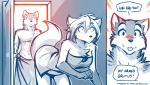 2019 7:4 anthro bent_over blep blush bottomless breasts brutus_(twokinds) canid canine canis chest_tuft cleavage clothed clothing clovis_(twokinds) comic conditional_dnp crossgender dialogue door duo english_text female fox hi_res hybrid inside keidran leaning leaning_forward male mammal monochrome mtf_crossgender navel shocked sketch surprise text tom_fischbach tongue tongue_out topless towel towel_only tuft twokinds wolf