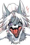 5_fingers anthro black_nose blush bodily_fluids body_part_in_mouth cheek_tuft chest_tuft drooling eyebrow_through_hair eyebrows eyelashes facial_tuft female female_anthro finger_in_mouth fingers fur grey_body grey_fur hair inner_ear_fluff kemono long_hair looking_at_viewer mouth_shot one_eye_closed open_mouth ponytail pulling_cheek purple_eyes saliva saliva_on_tongue saliva_string sharp_teeth simple_background smile solo teeth tongue tongue_out translucent translucent_hair tuft white_body white_fur white_hair wink ookamiwaho okami_bark canid canine canis mammal wolf 2:3 digital_media_(artwork) hi_res portrait