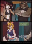 2018 anthro biceps big_biceps biped brown_body brown_hair canid canine canis clothed clothing collar comic coyote dialogue english_text female fur hair hi_res jessica_vega long_hair male mammal midriff muscular muscular_male navel sam_(trixavenda) stoopix syllex text text_on_collar
