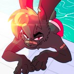 anthro band-aid band-aid_on_face band-aid_on_nose bandage bandage_on_face bandage_on_nose bedroom_eyes black_body black_fur cheek_tuft clothing facial_tuft fur grey_body grey_fur half-closed_eyes inviting lens_flare male narrowed_eyes partially_submerged pool poolside seductive smile smirk smug smug_face solo swimming_trunks swimwear tuft xing1 nick_(the_xing1) lagomorph leporid mammal rabbit 1:1 absurd_res hi_res