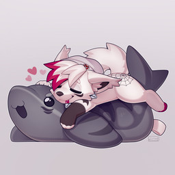 anthro biped clothed clothed_anthro clothed_male clothing eyes_closed feet front_view fur hair hat headgear headwear heart_symbol inner_ear_fluff lying male on_front plushie simple_background sleeping smile solo tail toes tuft jinxit canid canine canis mammal wolf 1:1 2026 digital_drawing_(artwork) digital_media_(artwork) hi_res