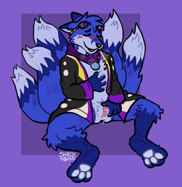 5_tails andromorph anthro belly_rub big_clitoris blue_body blue_fur breath clitoris clothed clothing eyewear eyewear_on_head fur genitals goggles goggles_on_head intersex lgbt_pride male multi_tail multicolored_clothing multicolored_robe nonbinary_pride_colors panting pawpads paws pride_color_clothing pride_color_robe pride_colors robe scarf sitting solo tail vulva shadyhouse kitsyfluff canid canine fox mammal absurd_res hi_res sketch nonbinary_(lore)