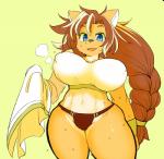 abs accessory anthro armband big_breasts black_nose blue_eyes bodily_fluids braided_hair breasts brown_body brown_fur brown_hair clothing countershading curvy_figure female front_view fur green_background hair hair_accessory hair_tie highlights_(coloring) kemono long_hair looking_at_viewer muscular muscular_anthro muscular_female nipple_outline ponytail shirt simple_background solo standing sweat thick_thighs topwear towel voluptuous white_highlights gut0002 cyberconnect2 drecom full_bokko_heroes atalanta_(full_bokko_heroes) felid lion mammal pantherine 2018 portrait three-quarter_portrait