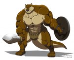 2020 abs anthro armor artist_name bottomwear brown_body brown_fur clothing digital_media_(artwork) footwear fur gladiator leather leather_armor male mammal melee_weapon multicolored_body multicolored_fur muscular muscular_anthro muscular_male mustelid nipples otter pteruges sandals shield solo sword tedeus_(xxsparcoxx) two_tone_body two_tone_fur warrior weapon whiskers xxsparcoxx