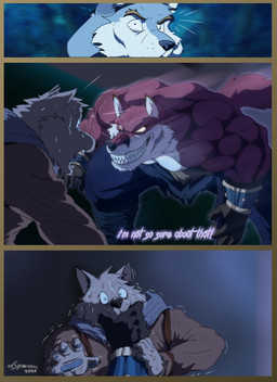 anthro armor big_muscles bodily_fluids bottomwear bracers clothed clothing fur group huge_muscles male multicolored_body multicolored_fur muscular muscular_anthro muscular_male open_mouth pants red_body red_fur scared sweat teeth text tongue topwear trio two_tone_body two_tone_fur white_body white_fur xxsparcoxx hamir_(xxsparcoxx) kraso_(xxsparcoxx) teofacio_larna canid canine canis fox mammal red_fox true_fox wolf 2020 comic digital_media_(artwork) english_text hi_res