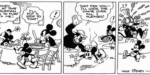 4_fingers anthro bottomwear chair clothed clothing dialogue exclamation_point female fingers flower food footwear furniture group hat headgear headwear inside knife male motion_lines one_eye_closed pants pastry pie pie_in_face plant table text violence wink floyd_gottfredson hardie_gramatky disney public_domain mickey_mouse minnie_mouse mister_slicker domestic_cat felid feline felis mammal mouse murid murine rodent 1930 20th_century absurd_res ancient_art comic dated english_text hi_res long_image monochrome wide_image