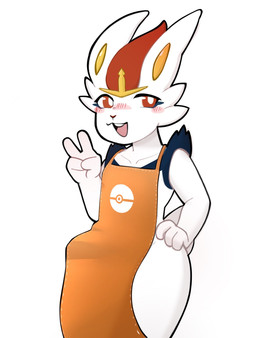 anthro apron apron_only blush clothing femboy gesture hand_gesture looking_at_viewer male open_mouth smile smiling_at_viewer solo v_sign bluchyccheese nintendo pokemon cinderace generation_8_pokemon pokemon_(species) hi_res
