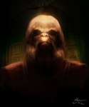 ape beard blonde_beard blonde_eyebrows blonde_facial_hair blonde_hair clothing digital_drawing_(artwork) digital_media_(artwork) dr._zaius eyebrows facial_hair hair haplorhine humanoid lord-phillock male mammal orangutan planet_of_the_apes primate religious_clothing shadowy_figure signature solo wood_background