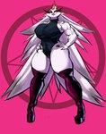 anthro beak big_breasts boots breasts butt clothing crown feathers female footwear hair headgear high_heeled_boots high_heels latex latex_clothing latex_legwear legwear looking_at_viewer muscular muscular_anthro muscular_female nipple_outline nipples occult_symbol one_piece_suit pentagram shoes simple_background sleeveless smile solo sweater symbol tail thigh_boots thigh_highs topwear turtleneck white_body white_feathers thegoo helluva_boss stella_(helluva_boss) avian bird demon owl owl_demon absurd_res digital_media_(artwork) hi_res