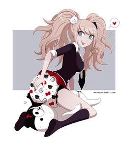 alternative_fashion black_body blonde_hair blue_eyes bottomwear clean_diaper clothed clothing diaper facesitting female footwear group gyaru hair j-fashion knee_highs knee_socks legwear looking_back male miniskirt multicolored_body pigtails simple_background sitting_on_another skirt smile socks split_color text tongue tongue_out trio two_tone_body wearing_diaper white_body merunyaa danganronpa danganronpa:_trigger_happy_havoc spike_chunsoft junko_enoshima monokuma bear human mammal url