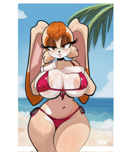 anthro beach big_breasts bikini breasts brown_eyes clothing eyelashes female glistening glistening_breasts gloves hand_on_chest handwear huge_breasts mature_female navel red_bikini red_clothing red_swimwear side-tie_bikini solo string_bikini swimwear tan_body thick_thighs two-piece_swimsuit wide_hips mixa1512 sega sonic_the_hedgehog_(series) vanilla_the_rabbit lagomorph leporid mammal rabbit 2026 hi_res