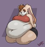 anthro belly big_belly bottomwear bra clothing female hands_behind_back huge_belly kneeling kneeling_on_ground morbidly_obese morbidly_obese_female obese obese_female overweight overweight_female shorts solo sports_bra underwear lonnyk sega sonic_the_hedgehog_(series) vanilla_the_rabbit lagomorph leporid mammal rabbit hi_res