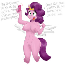 5_fingers anthro anthrofied asking breasts cellphone crown dialogue electronics eyelashes female fingers genitals green_eyes hair headgear holding_object navel nipples phone pink_body pink_nipples pink_skin purple_hair purple_tail question simple_background smartphone solo species_in_dialogue tail text vulva white_background wings yes-no_question flutterthrash hasbro mlp_g5 my_little_pony mythology pipp_petals_(mlp) equid equine mammal mythological_creature mythological_equine pegasus 1:1 english_text hi_res