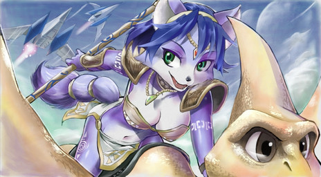 accessory aircraft airplane anthro arwing black_nose blue_body blue_fur blue_hair bottomwear breasts brown_eyes cleavage clothed clothing cloud down_blouse duo_focus female fur furgonomics gem green_eyes group hair hair_accessory hairband jewelry loincloth markings midriff navel necklace riding short_hair shoulder_guards staff straddling tail tail_accessory tailband tribal vehicle weapon white_body white_fur hanabusa miiverse nintendo star_fox krystal_(star_fox) canid canine fox mammal prehistoric_species pteranodon pteranodontid pterosaur reptile scalie hi_res