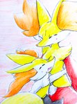 ambiguous_gender anthro blush blush_lines duo eyes_closed fur grey_body grey_fur happy hug inner_ear_fluff open_mouth red_body red_fur simple_background tail tongue tuft white_body white_fur yellow_body yellow_fur eiroru nintendo pokemon braixen canid canine delphox generation_6_pokemon mammal pokemon_(species) 2022 graphite_(artwork) hi_res traditional_media_(artwork)