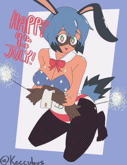 anthro blue_hair blush bow_ribbon breasts brown_body brown_fur bunny_costume clothed clothing costume fake_ears fake_rabbit_ears female fishnet_clothing fur hair holidays looking_at_viewer open_mouth simple_background smile solo sparkler tail text keccubus 4th_of_july brand_new_animal studio_trigger michiru_kagemori canid canine mammal raccoon_dog tanuki absurd_res digital_drawing_(artwork) digital_media_(artwork) hi_res