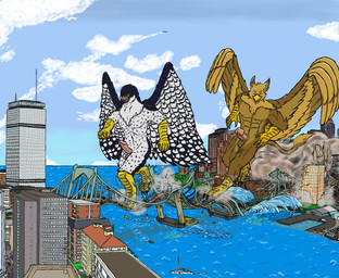 abs anthro balls beak biceps bridge brown_body building building_destruction city city_background city_crushing city_destruction cityscape claws destruction duo erection feathered_wings feathers feet genitals humanoid_genitalia humanoid_penis macro male muscular muscular_anthro muscular_male nude outside paws pecs penile penis rampage sky stomping tail toes walking water white_body wings serb mythology carpo corvidius_(character) avian bird falcon falconid gryphon mythological_avian mythological_creature